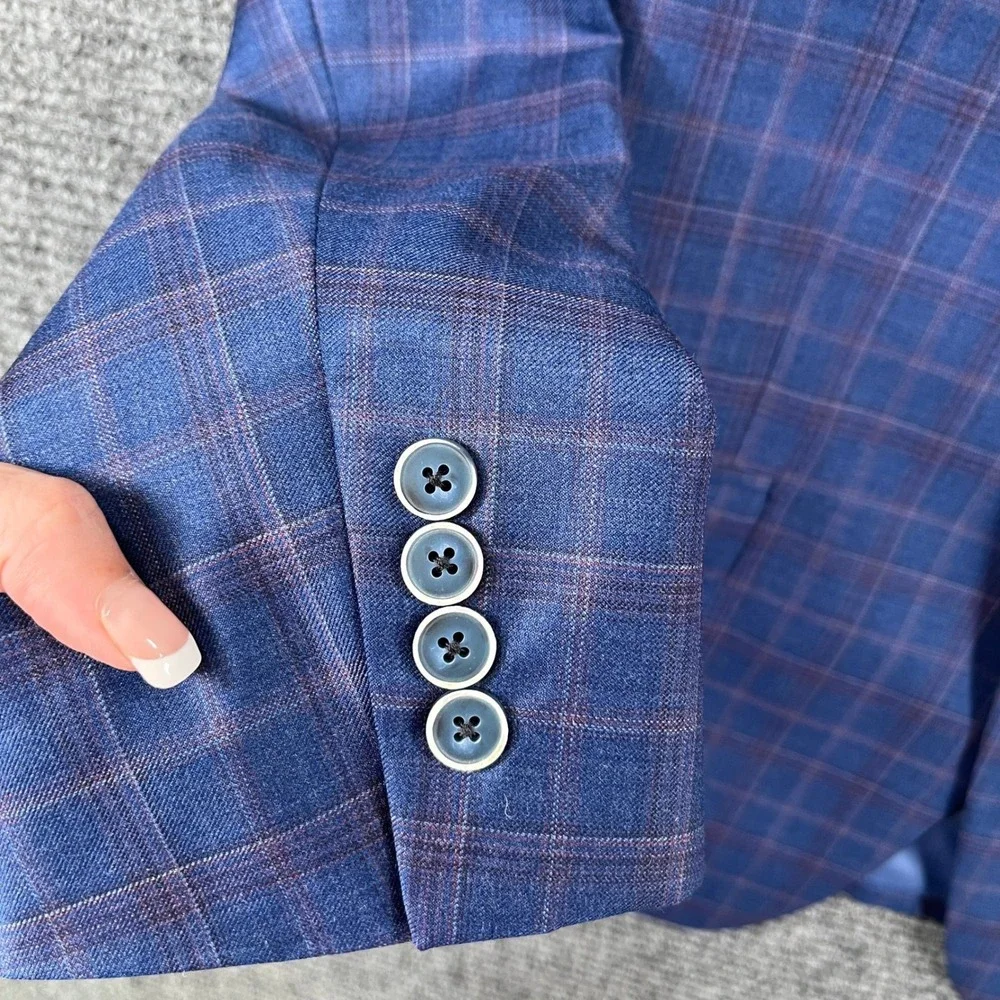 Hart Schaffner Marx Coat 44R Blue Windowpane Plaid Reda 1865 Wool New York Fit